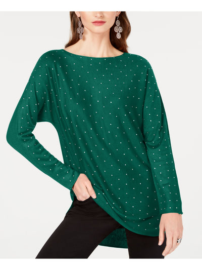 INC Womens Green Embellished Polka Dot Long Sleeve Jewel Neck Hi-Lo Sweater S