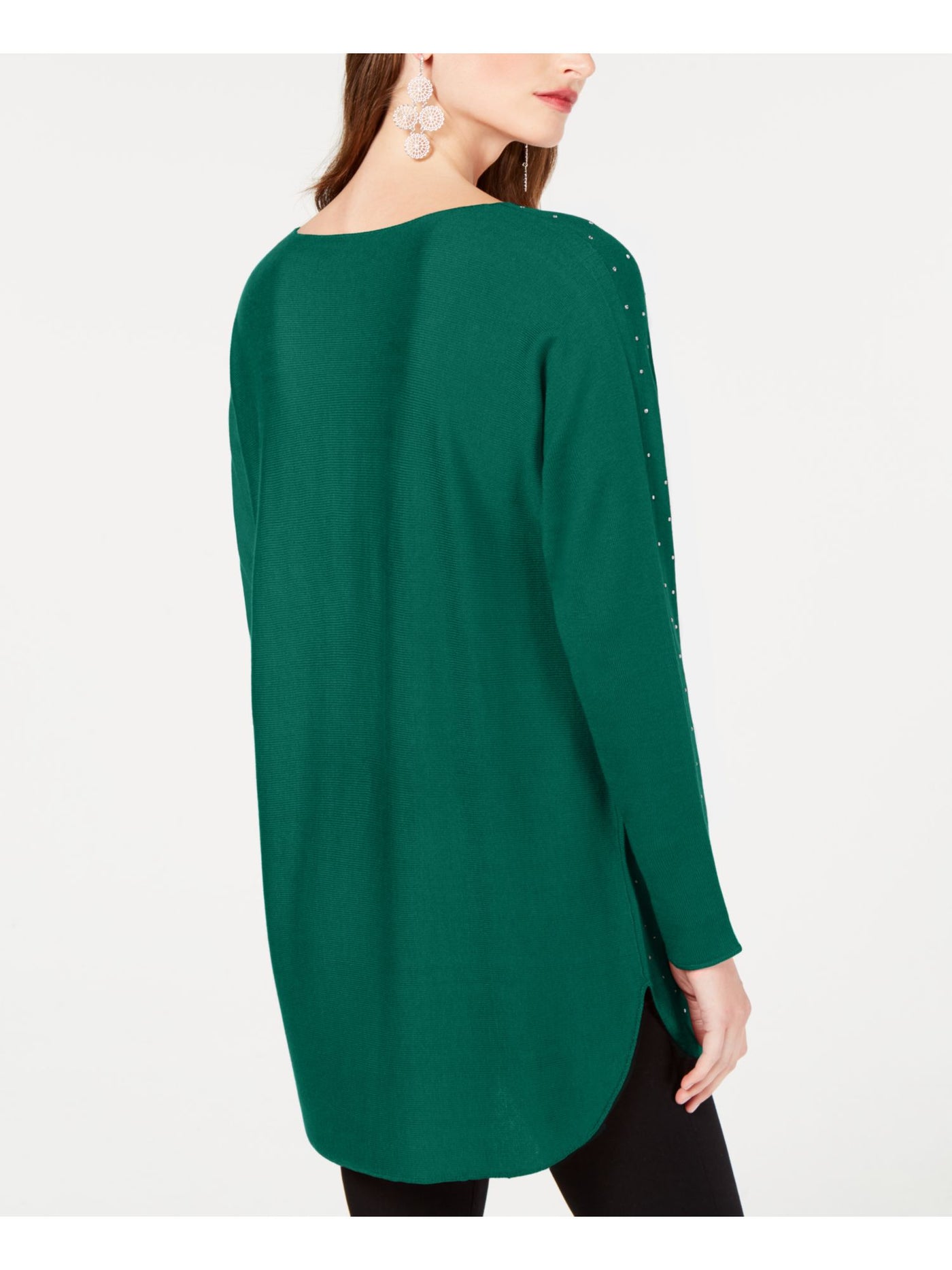 INC Womens Green Embellished Polka Dot Long Sleeve Jewel Neck Hi-Lo Sweater XS