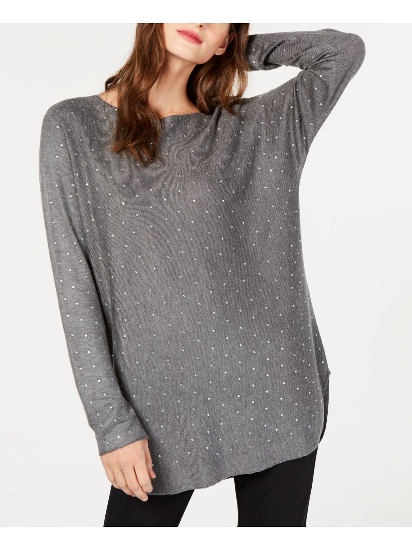 INC Womens Gray Embellished Long Sleeve Jewel Neck Hi-Lo Sweater XS