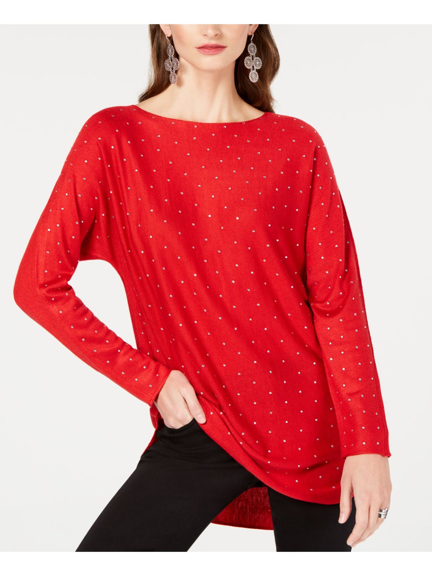 INC Womens Red Embellished Long Sleeve Jewel Neck Hi-Lo Sweater S