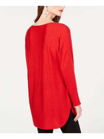 INC Womens Red Embellished Long Sleeve Jewel Neck Hi-Lo Sweater S