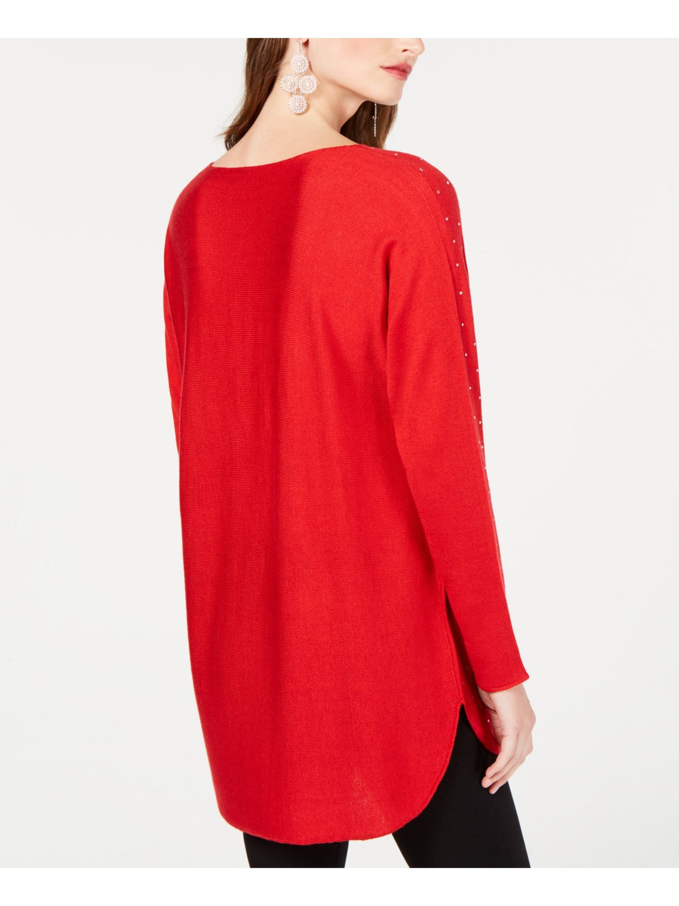 INC Womens Red Embellished Long Sleeve Jewel Neck Hi-Lo Sweater XS