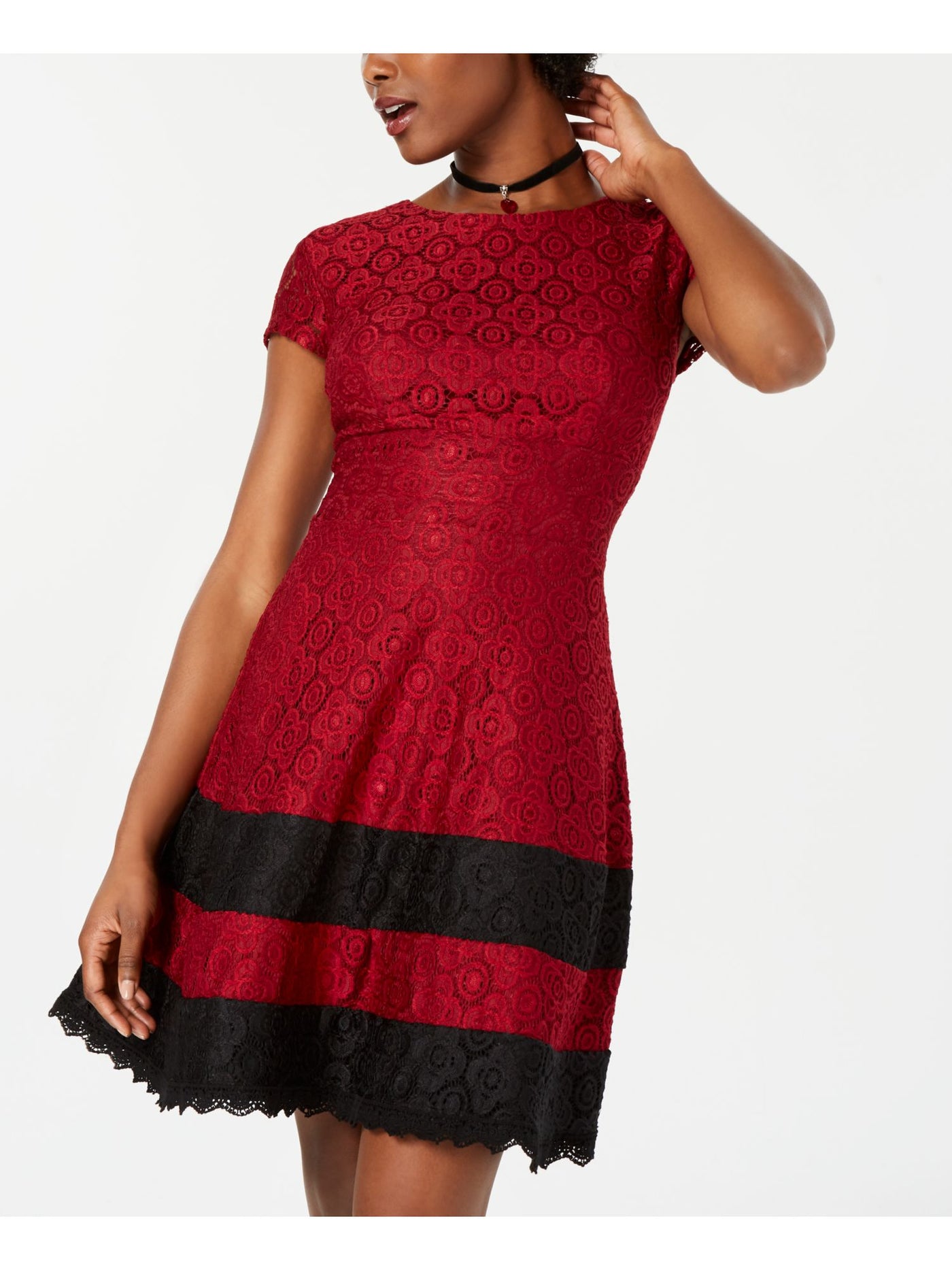 TEEZE ME Womens Red Lace Zippered Short Sleeve Jewel Neck Mini Fit + Flare Dress Juniors 5\6