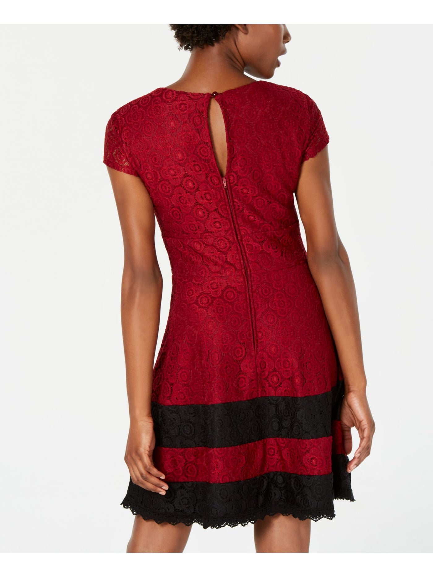 TEEZE ME Womens Burgundy Lace Zippered Short Sleeve Jewel Neck Mini Fit + Flare Dress Juniors 1\2