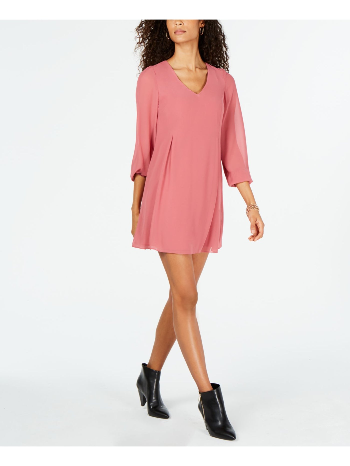 INC Womens Pink Long Sleeve V Neck Mini Shift Dress XS