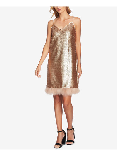 CECE Womens Brown Sequined Feather Trim V Neck Above The Knee Party Shift Dress 6