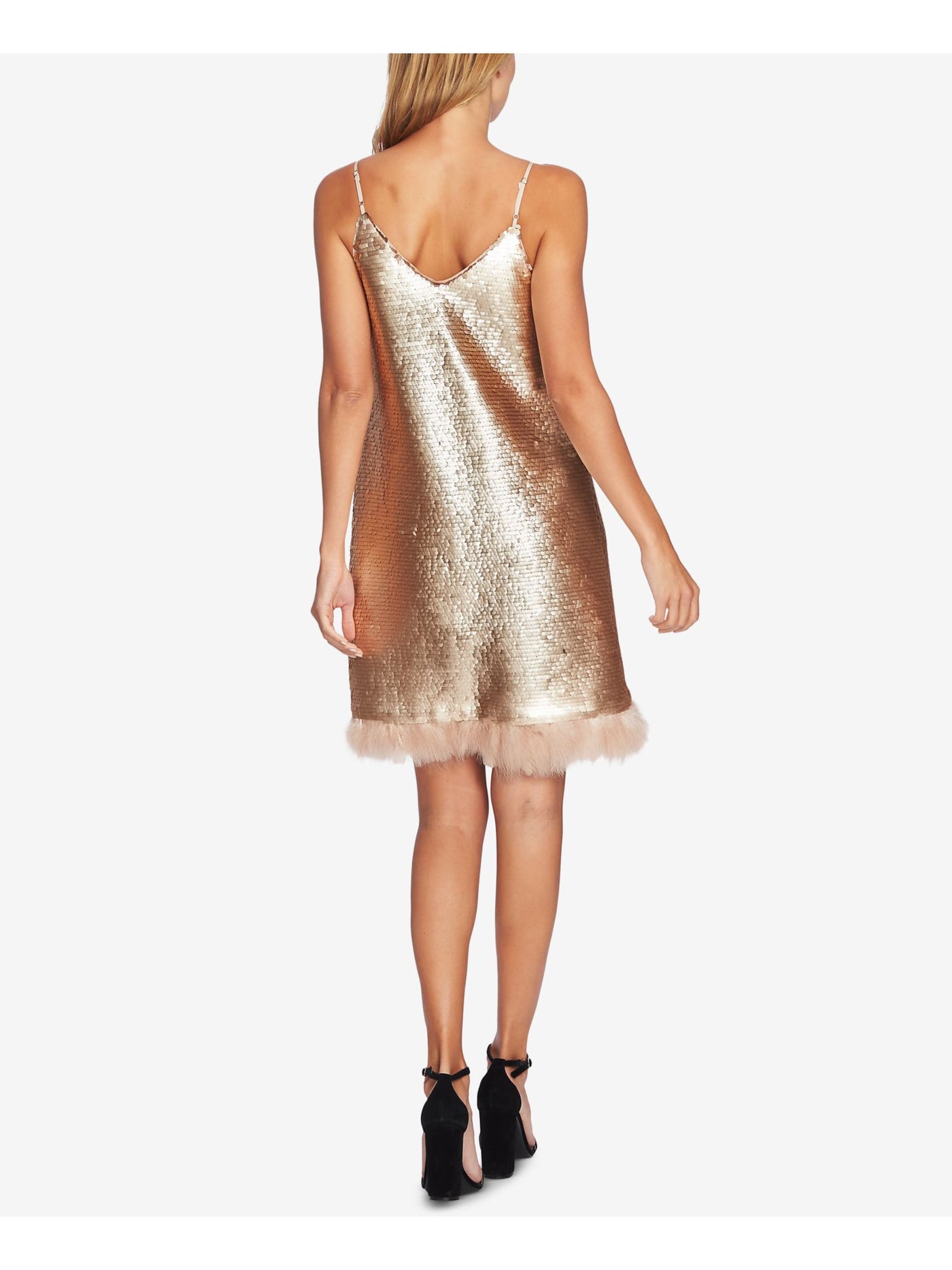 CECE Womens Gold Sequined Feather Trim Spaghetti Strap V Neck Above The Knee Shift Dress 10