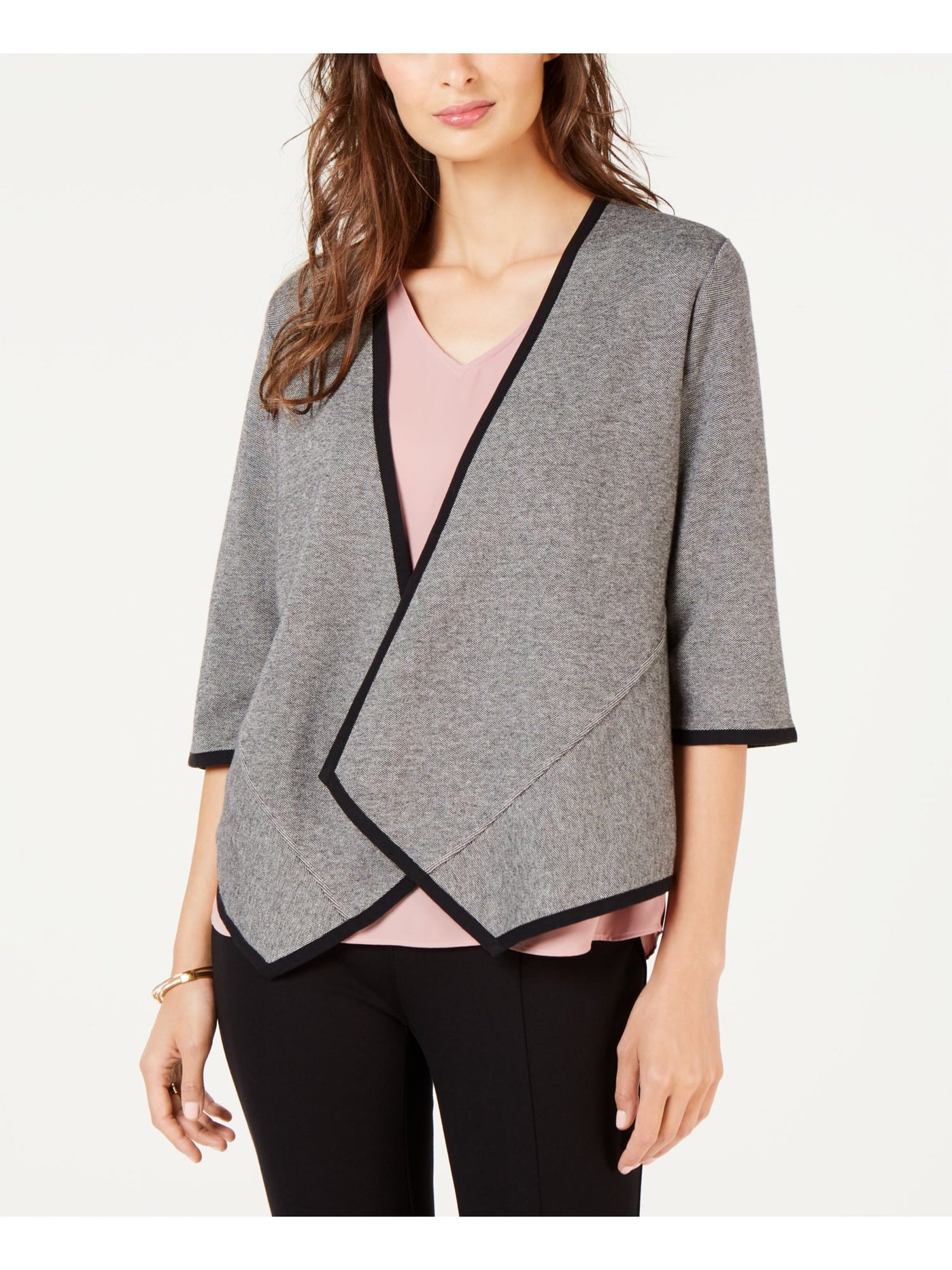 ALFANI Womens Gray Pocketed Eyelash-trim Long Sleeve Open Cardigan Sweater S