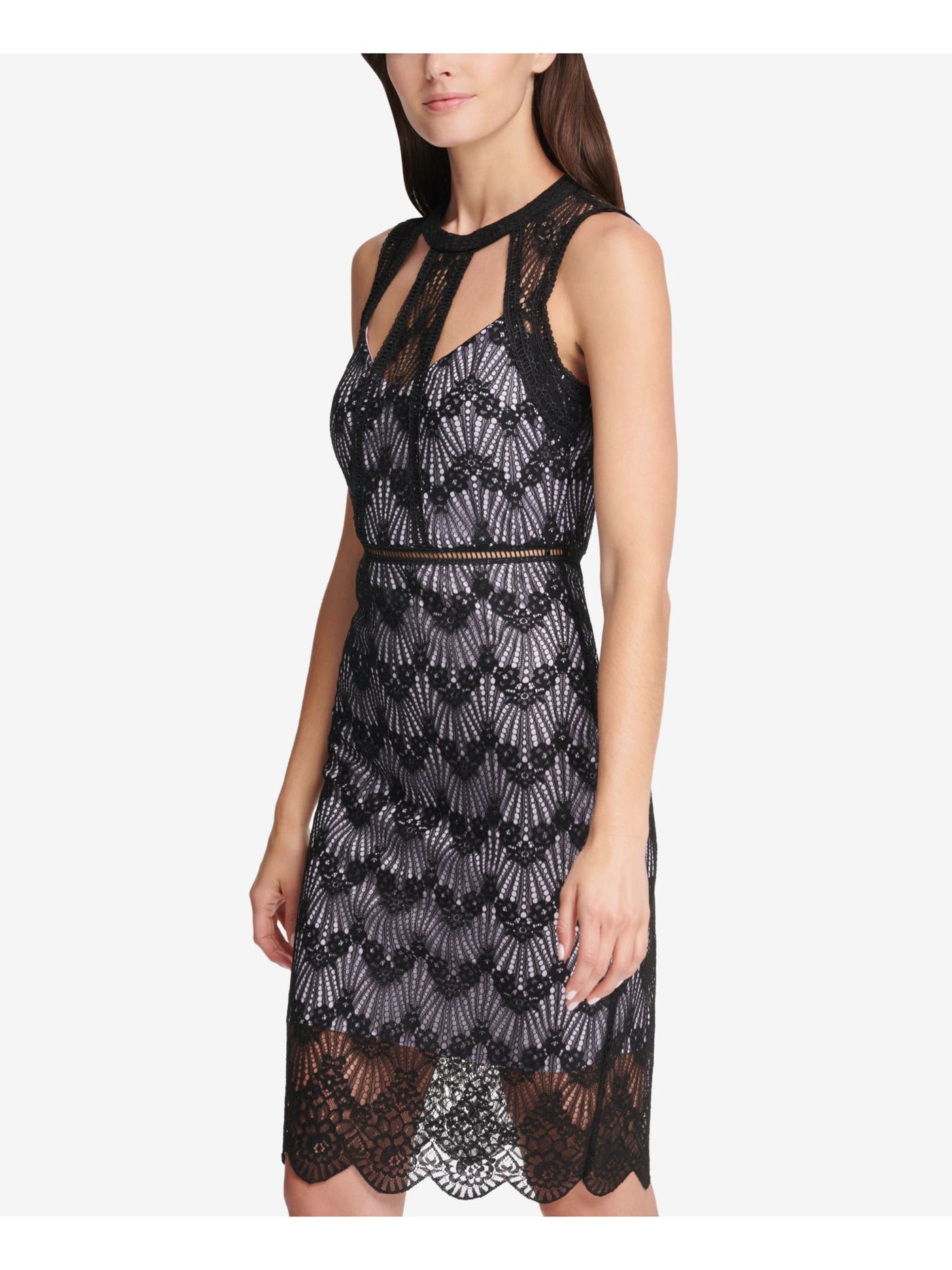 GUESS Womens Black Lace Cut Out Sleeveless Halter Below The Knee Cocktail Sheath Dress 0