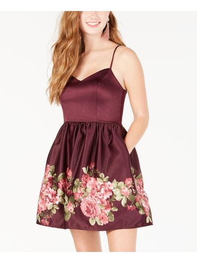 TEEZE ME Womens Burgundy Zippered Floral Spaghetti Strap Sweetheart Neckline Mini Cocktail Fit + Flare Dress Juniors 15\16