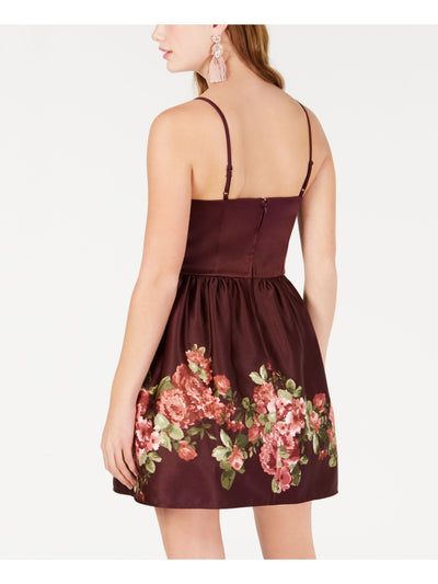 TEEZE ME Womens Burgundy Zippered Floral Spaghetti Strap Sweetheart Neckline Mini Cocktail Fit + Flare Dress Juniors 15\16