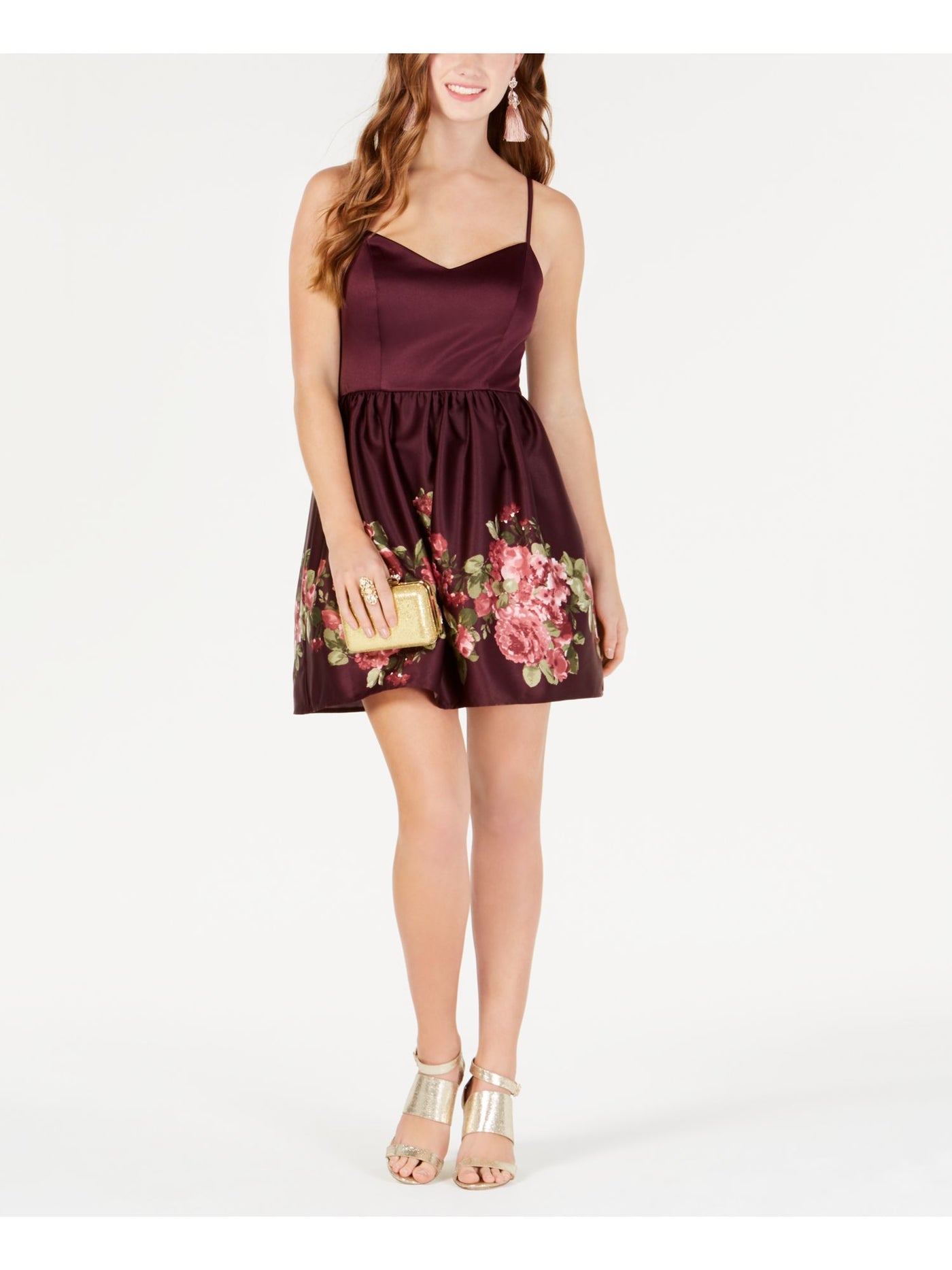 TEEZE ME Womens Burgundy Zippered Floral Spaghetti Strap Sweetheart Neckline Mini Cocktail Fit + Flare Dress Juniors 15\16