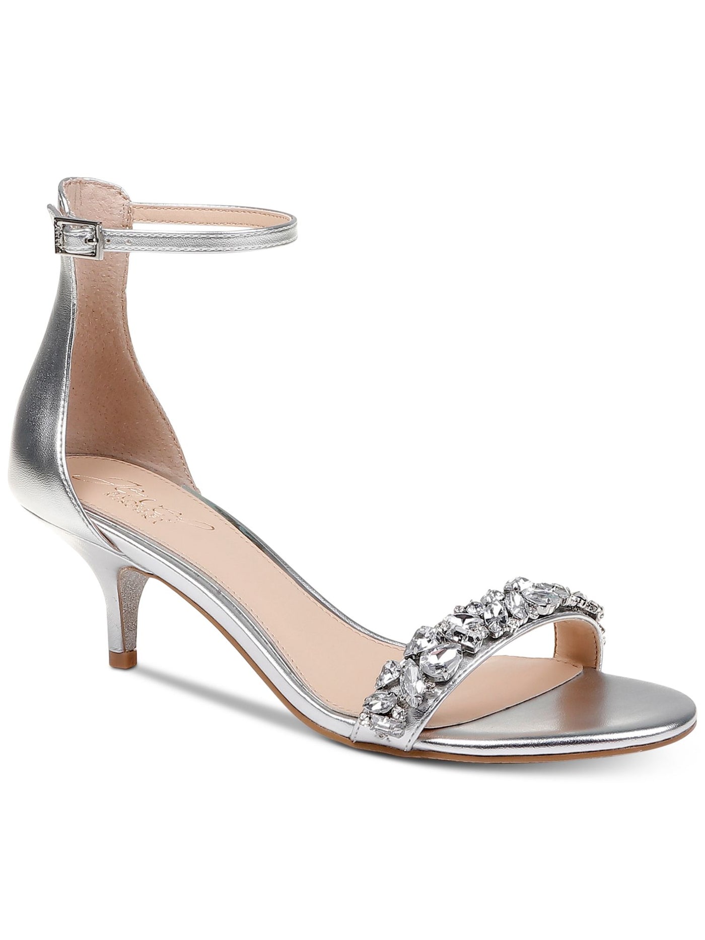 BADGLEY MISCHKA Womens Beige Rhinestone Embellishments Covered Heel Metallic Adjustable Strap Cushioned Dash Round Toe Kitten Heel Buckle Dress Slingback Sandal 8 M