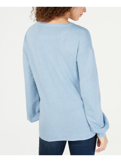 INC Womens Light Blue Distressed Printed Long Sleeve Jewel Neck Sweater M