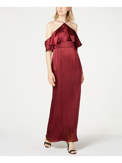 ADRIANNA PAPELL Womens Red Cold Shoulder  Gown Halter Neck Short Sleeve Halter Full-Length Evening Dress 2
