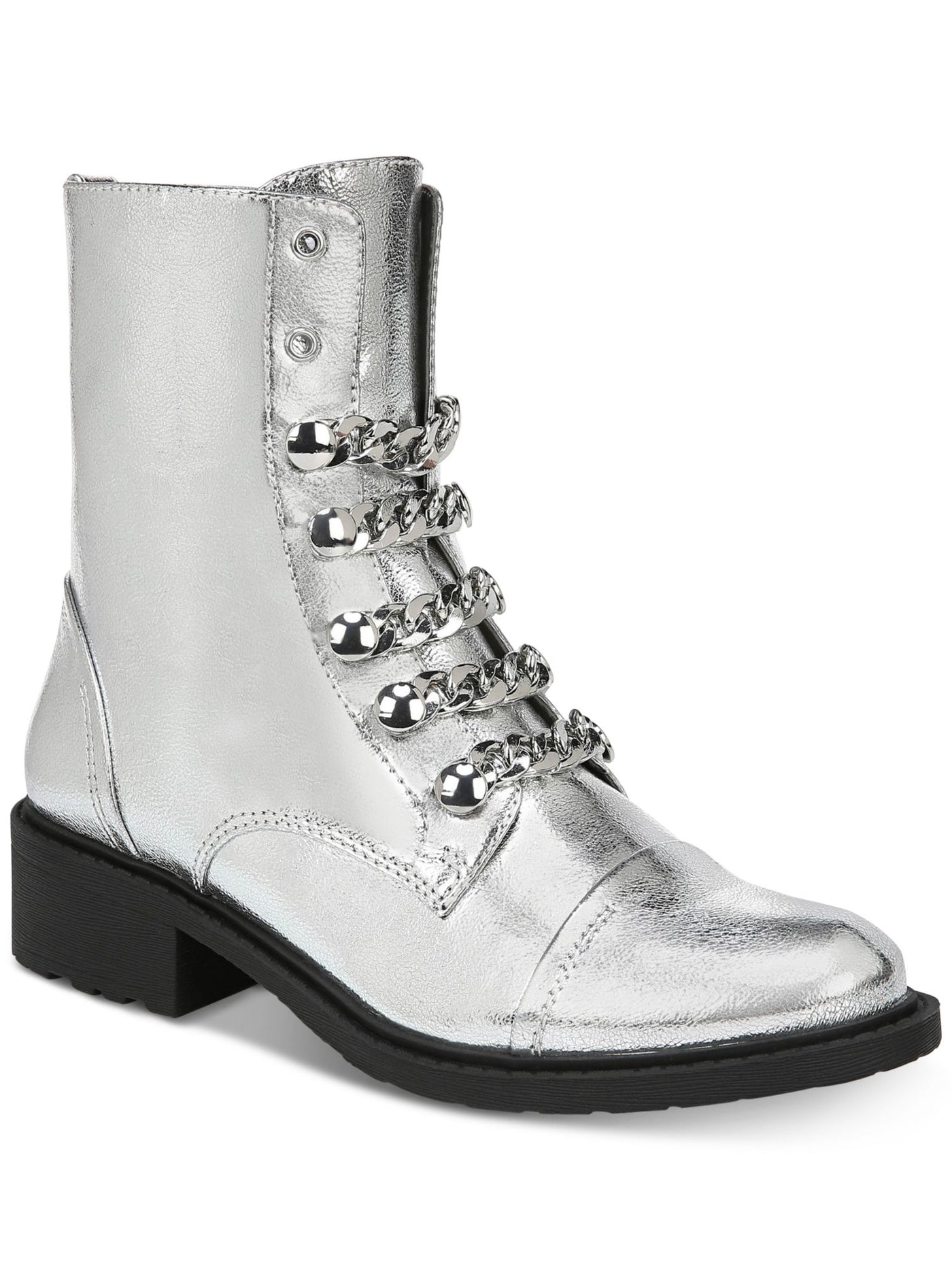 CIRCUS BY SAM EDELMAN Womens Silver Lace Up Chain Accent Metallic Cushioned Dacey Block Heel Zip-Up Booties 6.5 M