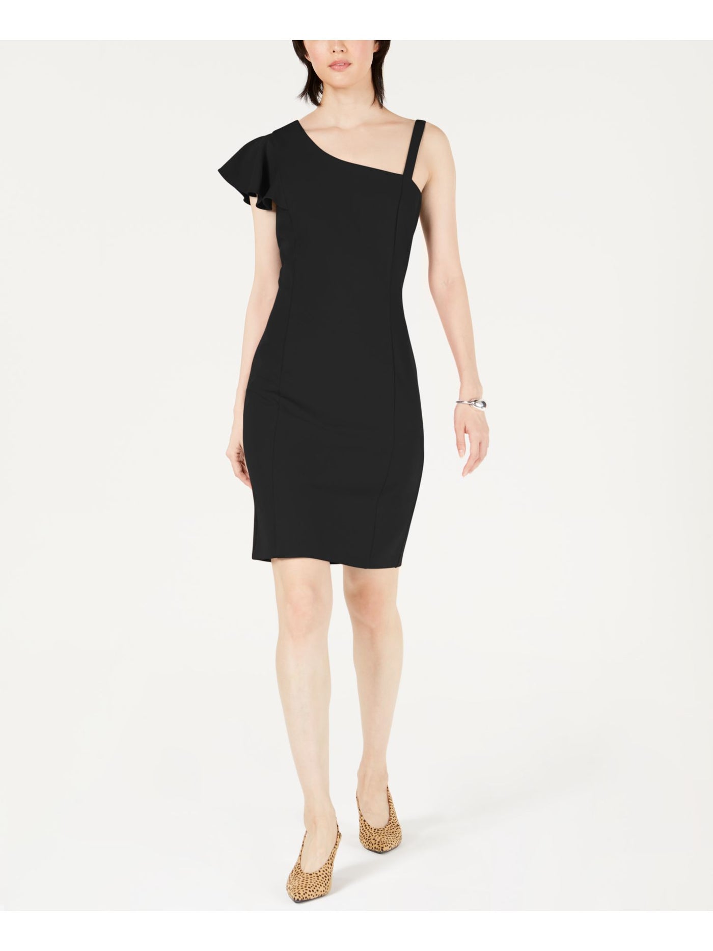 BAR III Womens Black Asymmetrical Ruffle Asymmetrical Neckline Above The Knee Cocktail Body Con Dress L