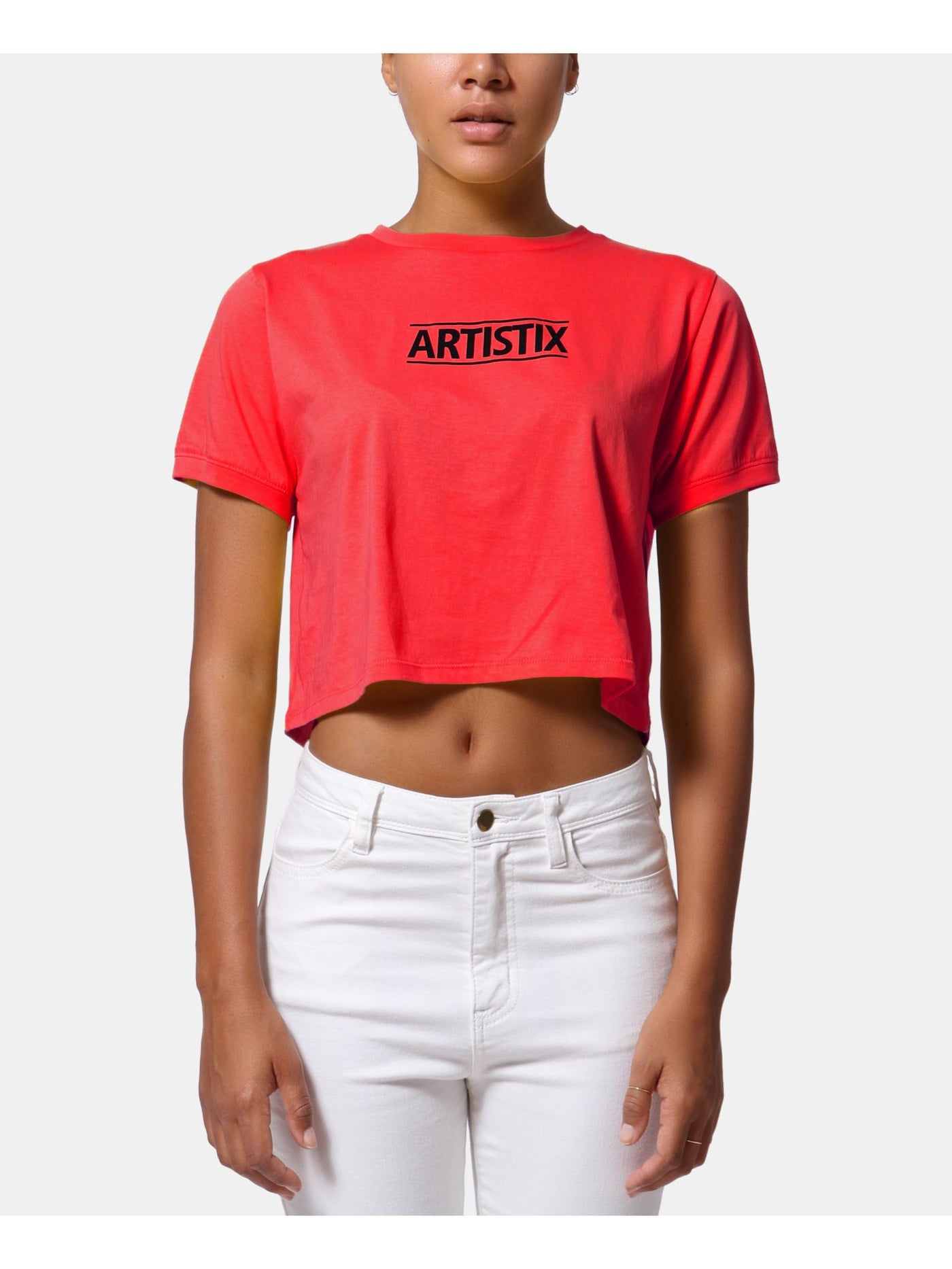 ARTISTIX Womens Red Logo Graphic Short Sleeve Jewel Neck Crop Top XS