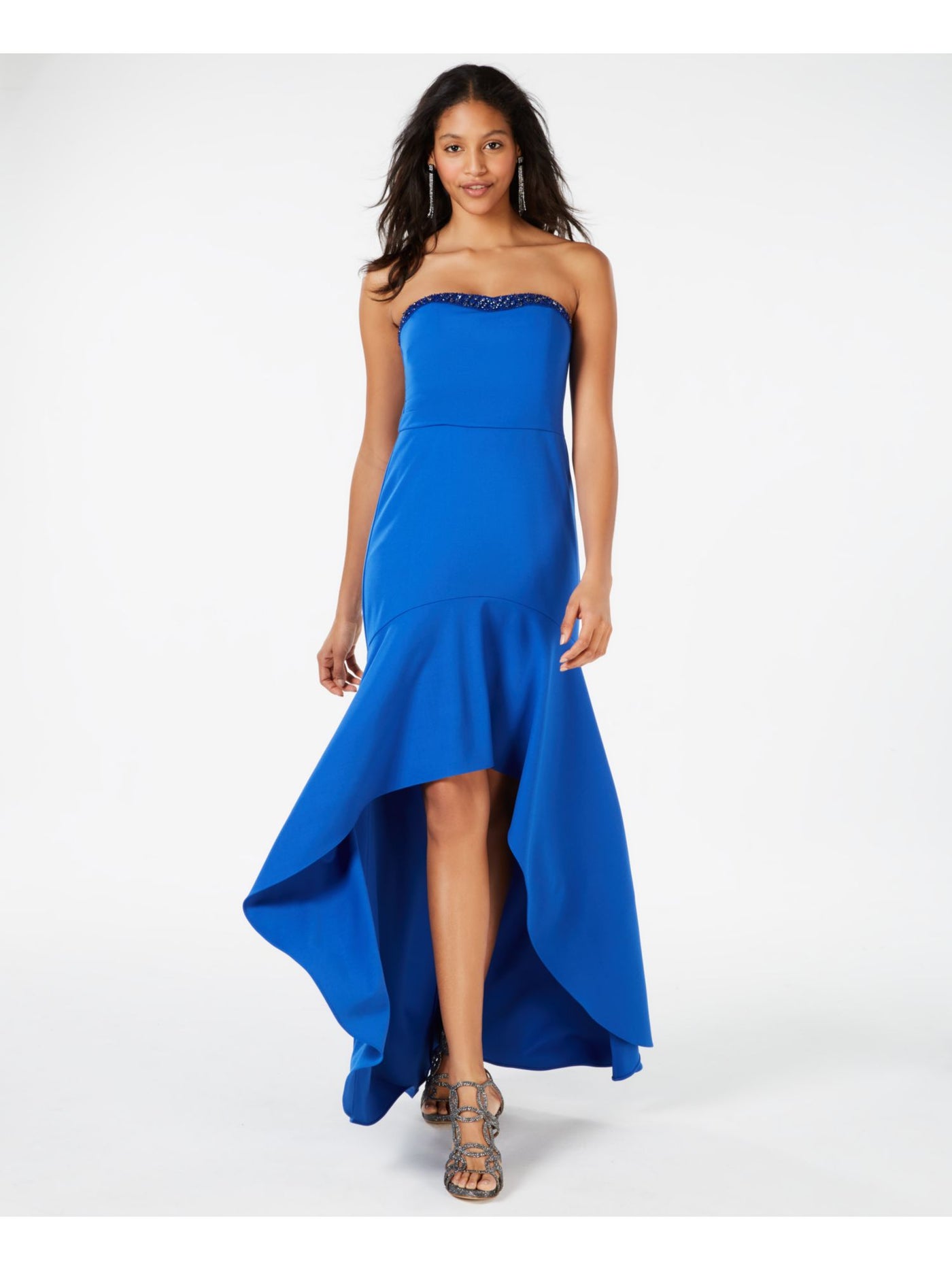ADRIANNA PAPELL Womens Blue Beaded Sleeveless Strapless Maxi Formal Hi-Lo Dress 2