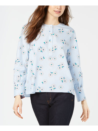 TOMMY HILFIGER Womens Light Blue Floral Long Sleeve Collared Top S\P