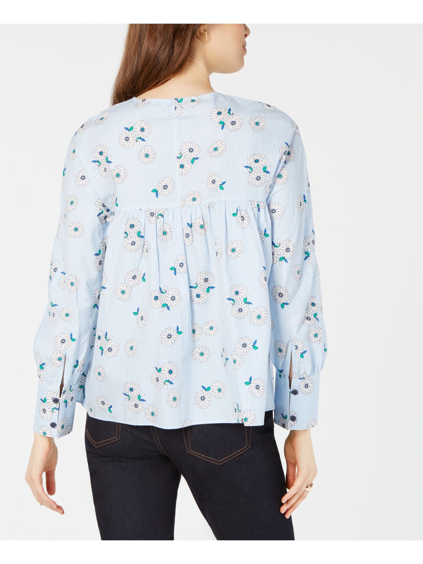 TOMMY HILFIGER Womens Light Blue Floral Long Sleeve Collared Top S\P
