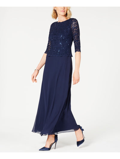ALEX EVENINGS Womens Navy Sequined Lace Floral 3/4 Sleeve Crew Neck Maxi Formal A-Line Dress 16