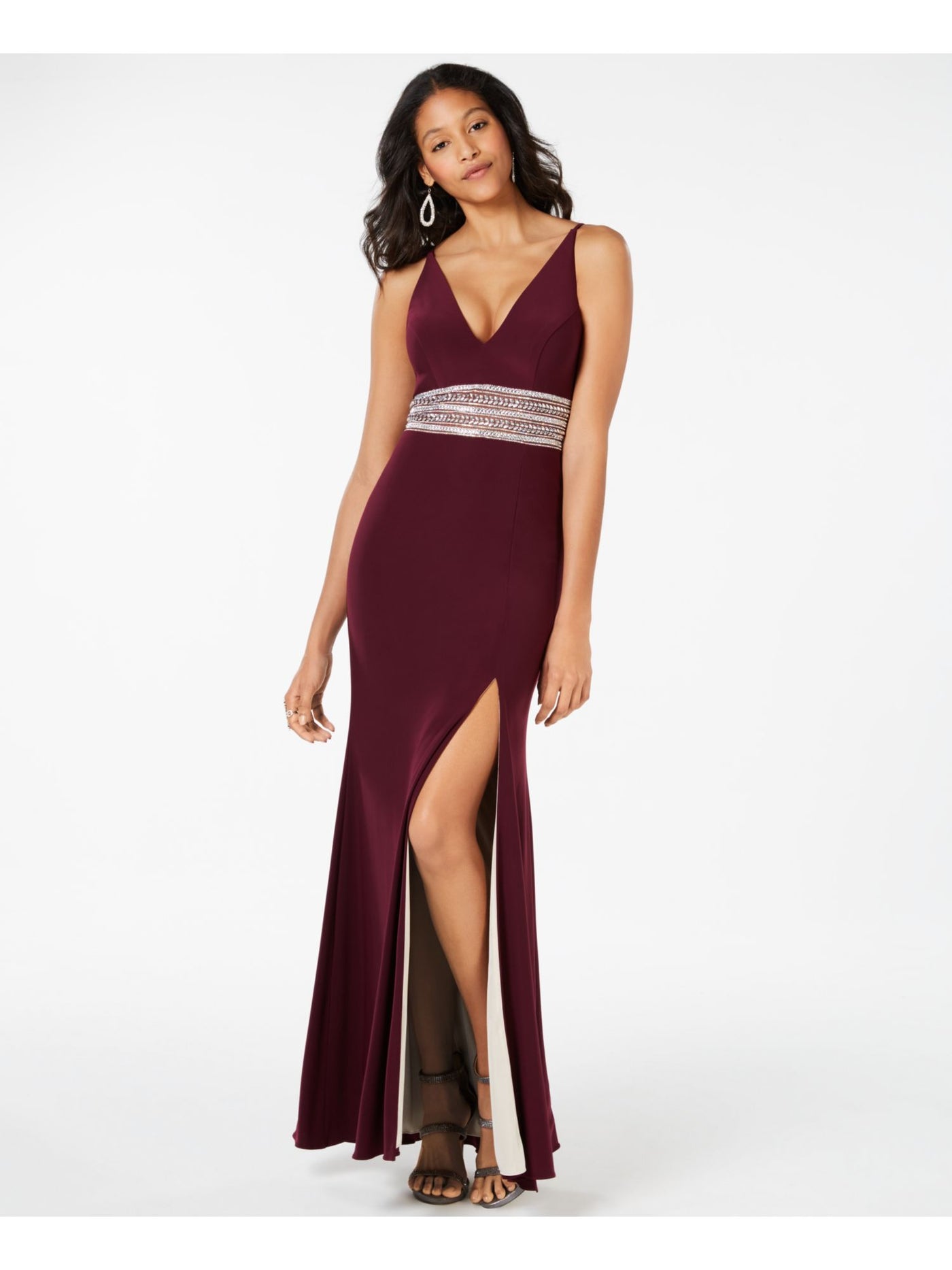 XSCAPE Womens Maroon Rhinestone Zippered Spaghetti Strap V Neck Full-Length Evening Sheath Dress 2