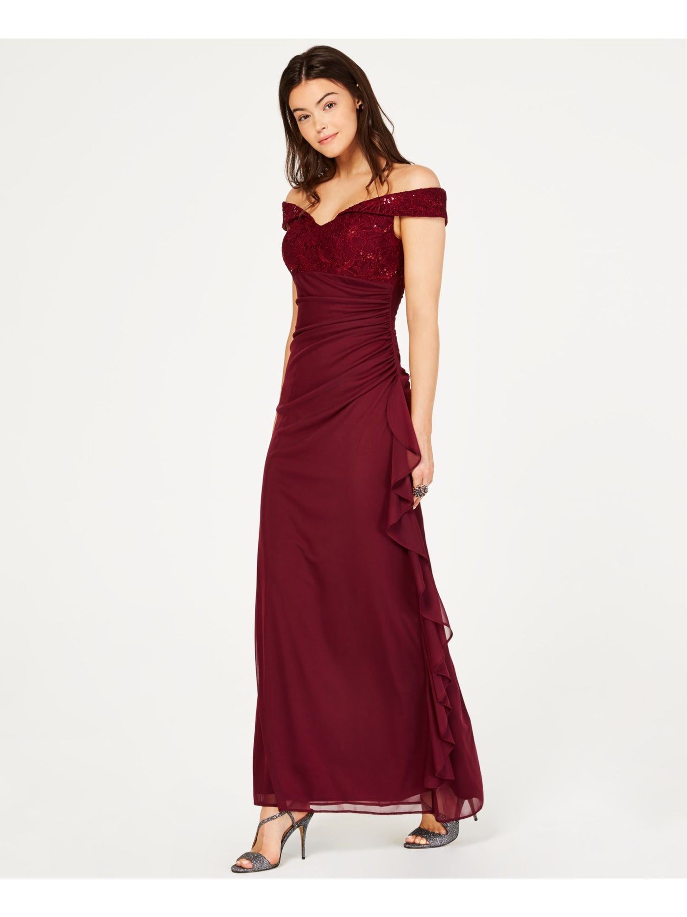 BETSY & ADAM Womens Burgundy Ruffled Sequined Ruched Off The Shoulder Maxi Evening Dress Petites 10P