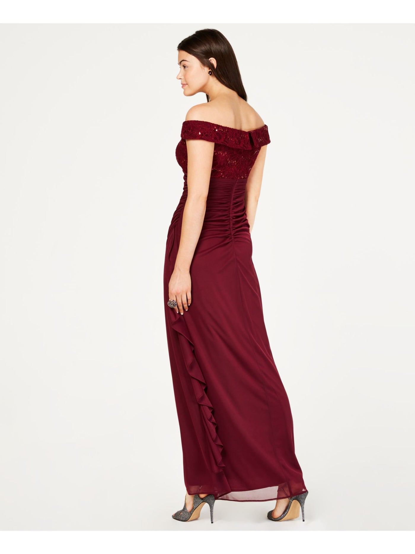 BETSY & ADAM Womens Burgundy Ruffled Sequined Ruched Off The Shoulder Maxi Evening Dress Petites 10P