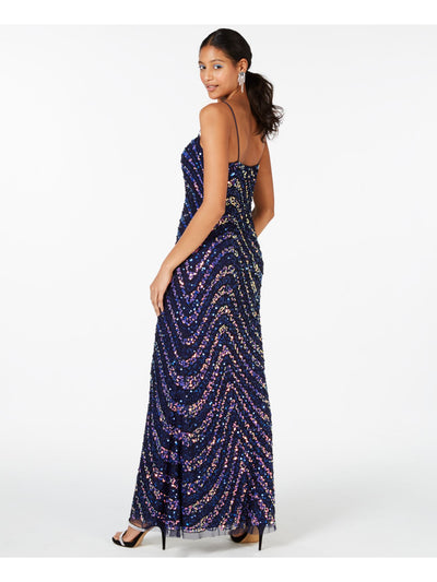 ADRIANNA PAPELL Womens Navy Sequined Printed Spaghetti Strap Sweetheart Neckline Maxi Formal Sheath Dress 2