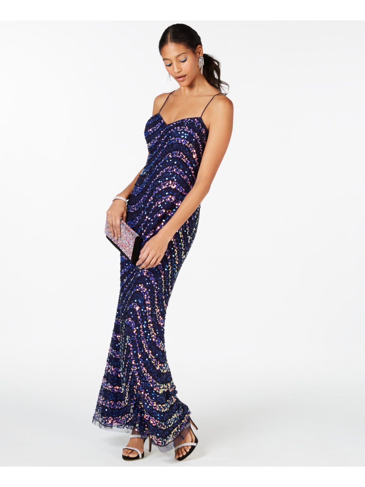 ADRIANNA PAPELL Womens Navy Sequined Printed Spaghetti Strap Sweetheart Neckline Maxi Formal Sheath Dress 10