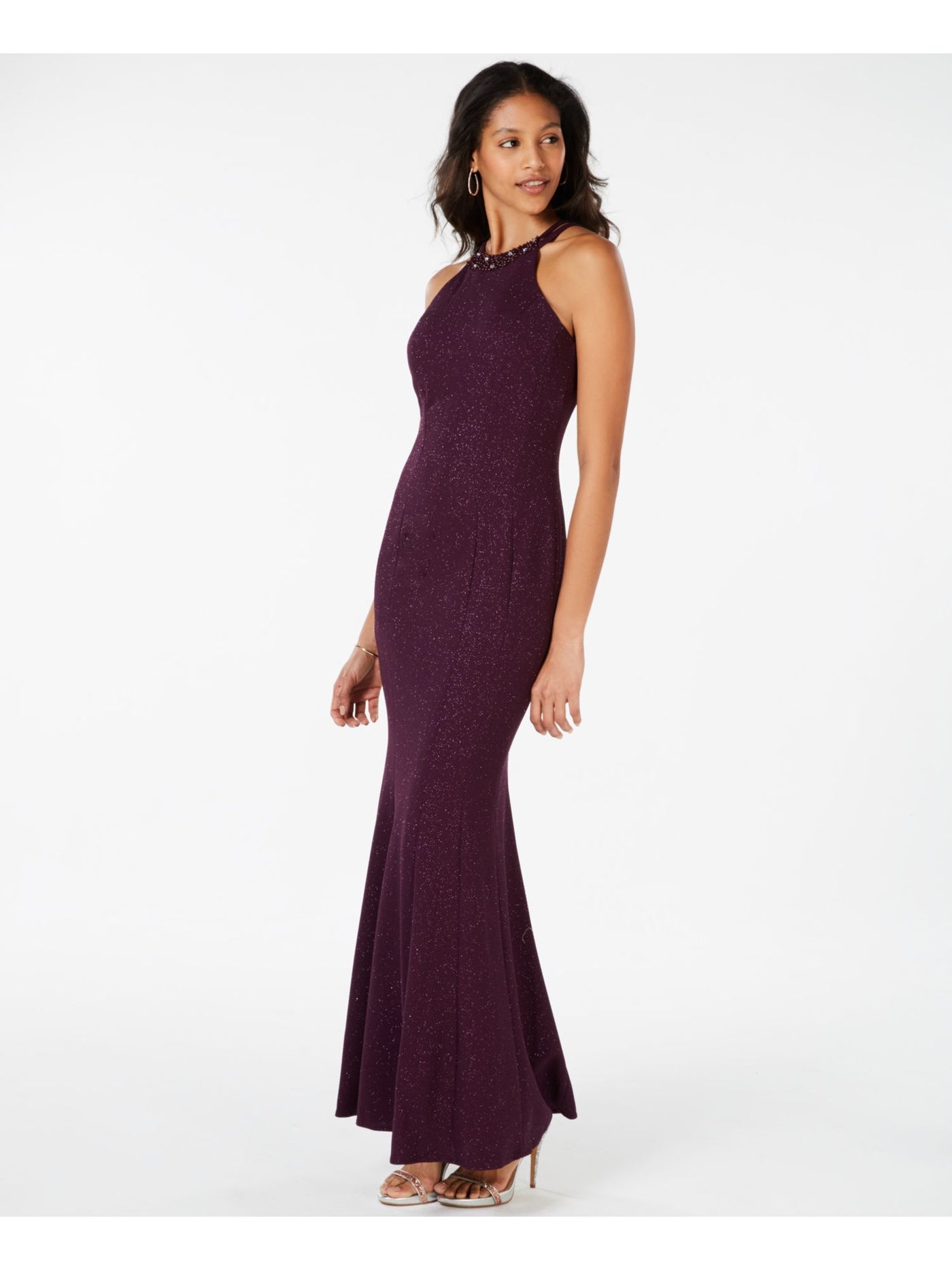 NIGHTWAY Womens Purple Glitter Beaded Sleeveless Halter Full-Length Formal Mermaid Dress 14