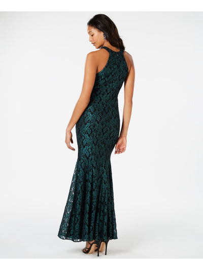 NIGHTWAY Womens Black Lace Glitter Zippered Sleeveless Halter Maxi Evening Mermaid Dress Petites 12P