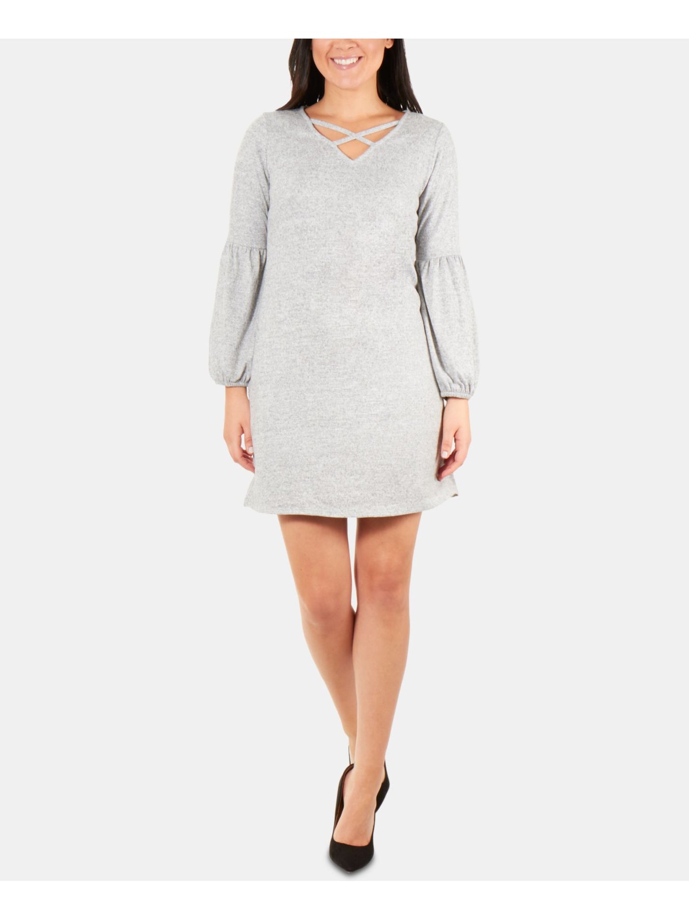 NY COLLECTION Womens Gray Heather Long Sleeve V Neck Short Shift Dress Petites PXS