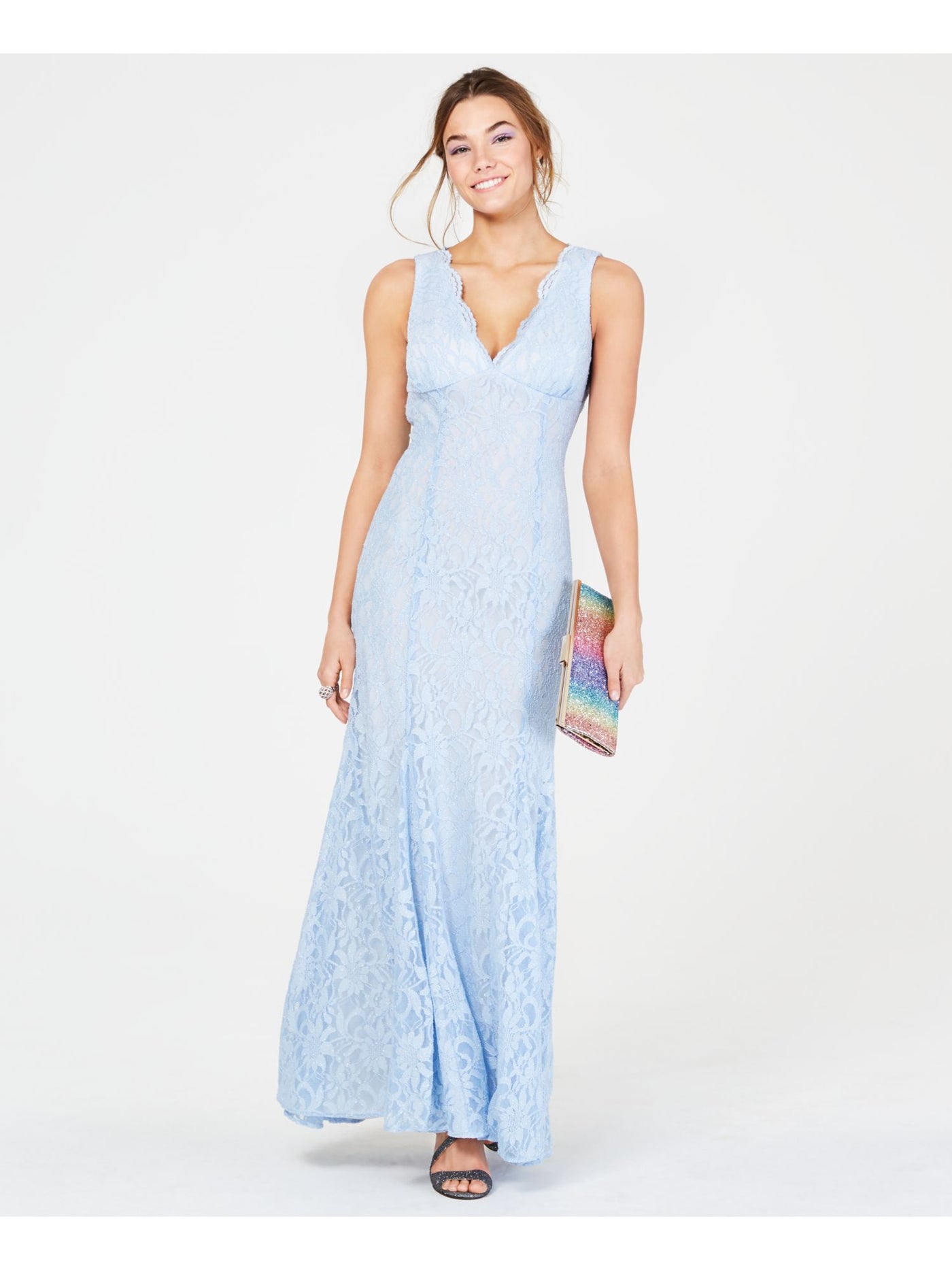 MORGAN & CO Womens Light Blue Lace Open-back Sleeveless V Neck Maxi Prom Mermaid Dress 11