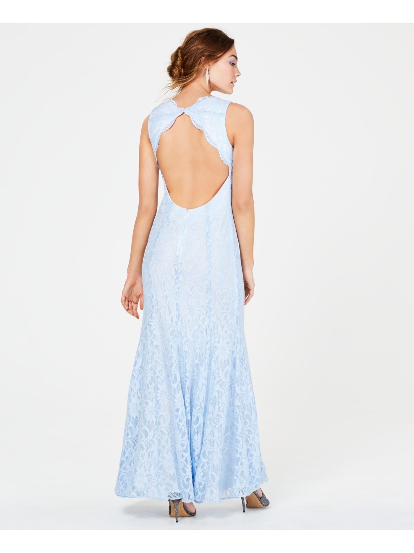 MORGAN & CO Womens Light Blue Lace Open-back Sleeveless V Neck Maxi Prom Mermaid Dress 9