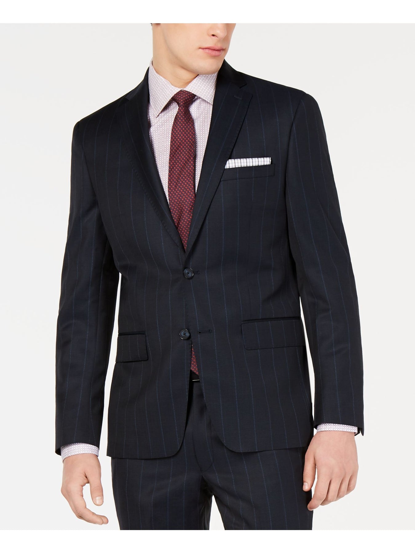DKNY Mens Navy Single Breasted Striped Wool Blend Blazer Jacket