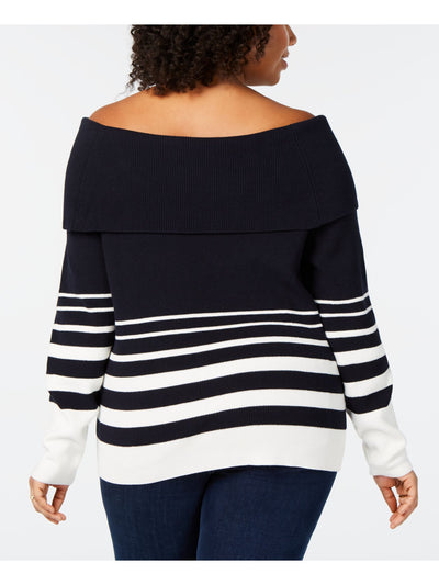 TOMMY HILFIGER Womens Navy Color Block Long Sleeve Off Shoulder Sweater Plus 2X