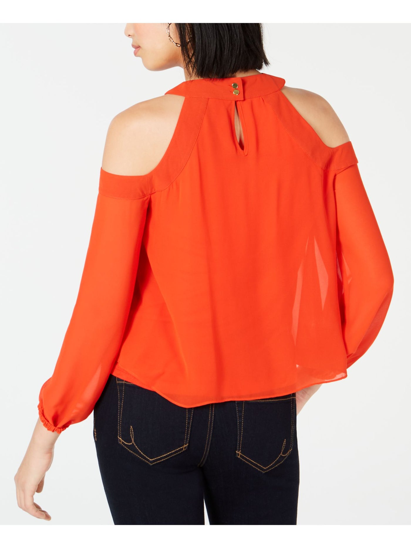 BAR III Womens Orange Cold Shoulder Sheer Long Sleeve Halter Top XXS