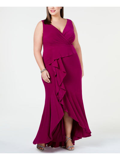 ADRIANNA PAPELL Womens Purple Ruffled Sleeveless V Neck Full-Length Evening Hi-Lo Dress Plus 22W