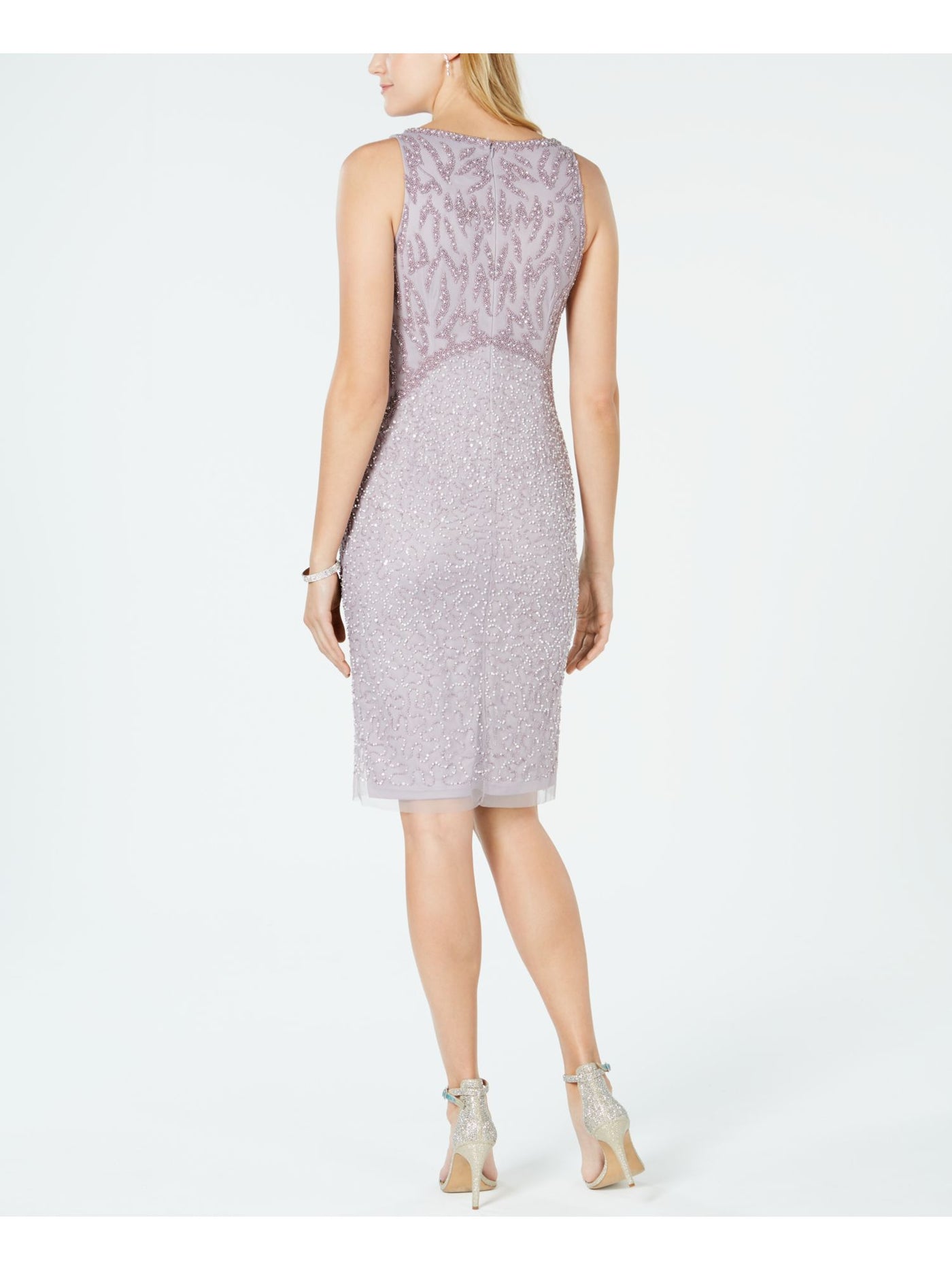ADRIANNA PAPELL Womens Beaded Sequined Sleeveless V Neck Above The Knee Cocktail Sheath Dress