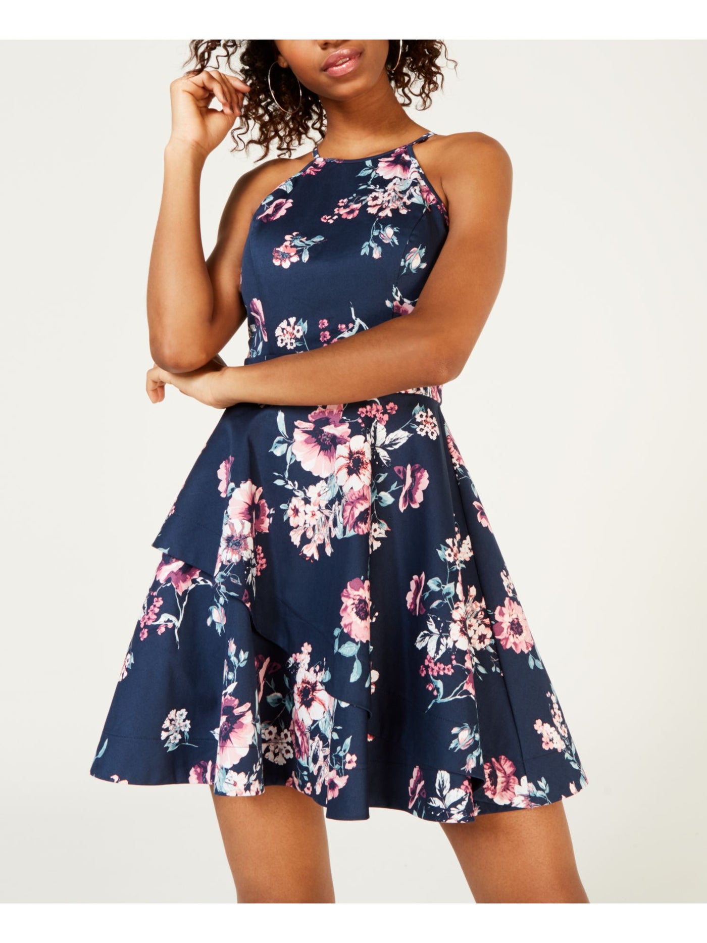 SPEECHLESS Womens Navy Floral Halter Short Fit + Flare Dress 11