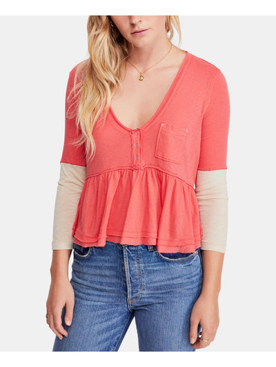 FREE PEOPLE Womens Coral Ruffled Color Block 3/4 Sleeve V Neck Blouse S