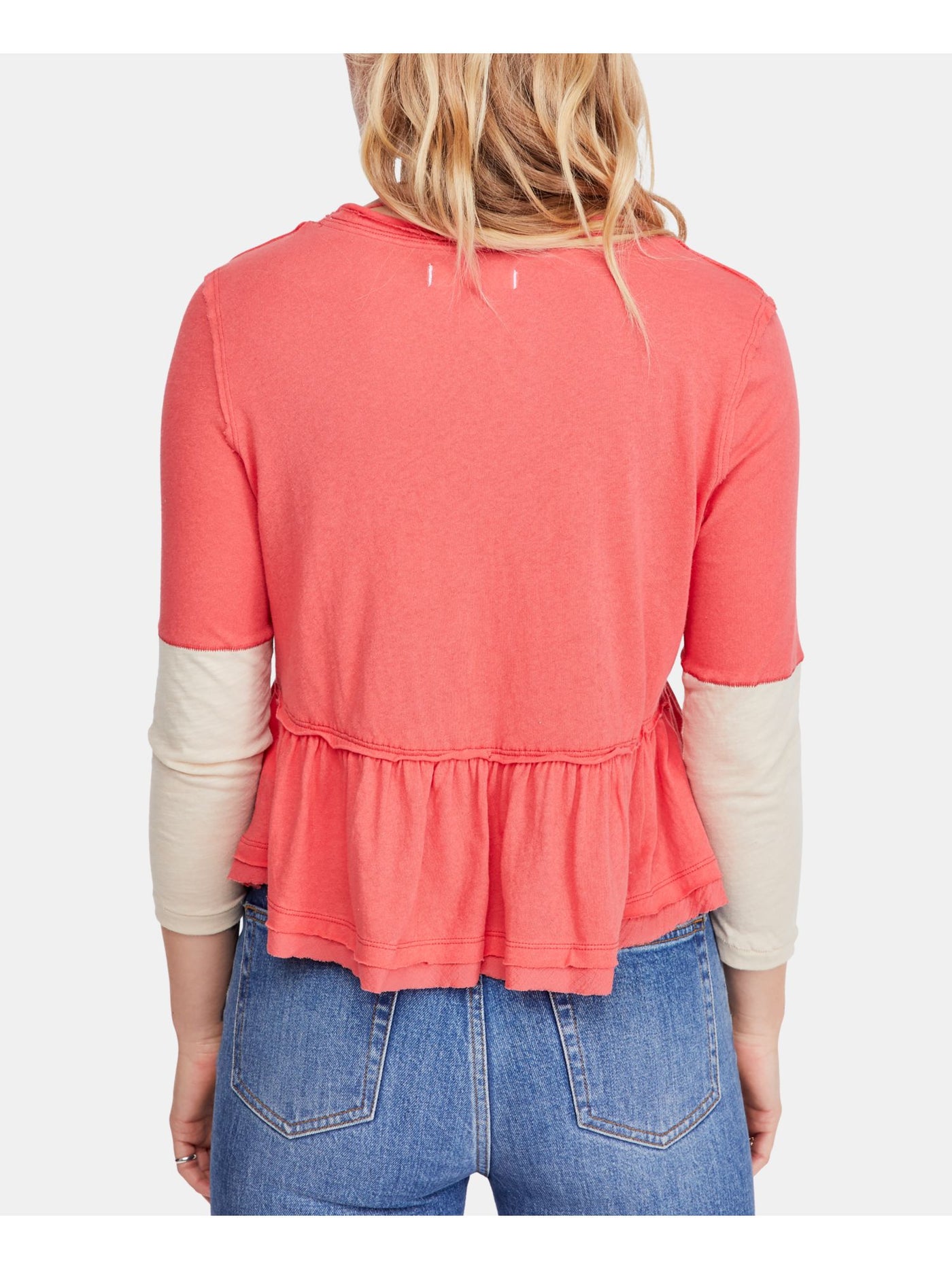 FREE PEOPLE Womens Coral Ruffled Color Block 3/4 Sleeve V Neck Blouse S