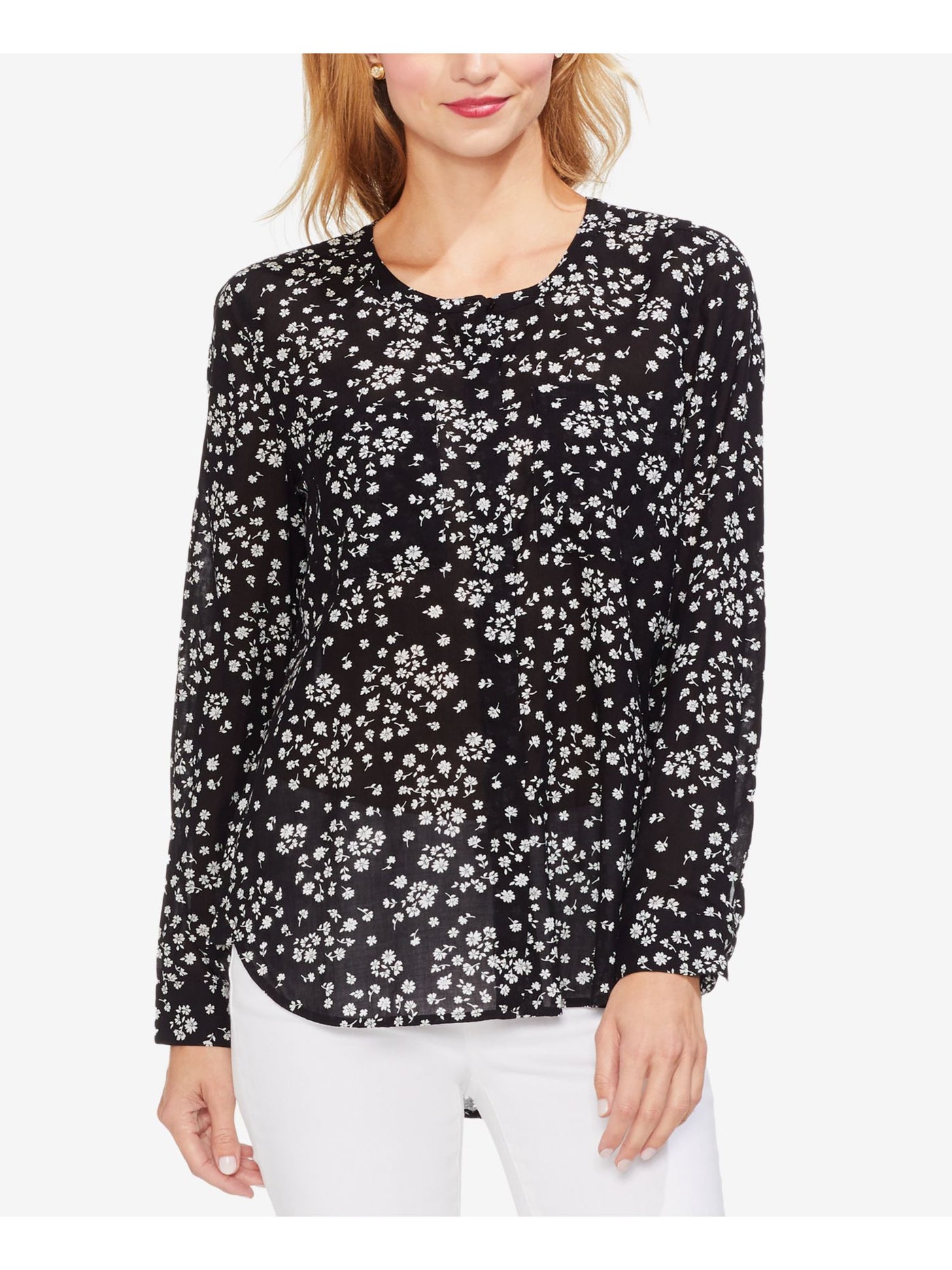 TWO BY VINCE CAMUTO Womens Black Floral Long Sleeve Button Up Top Size: XXS