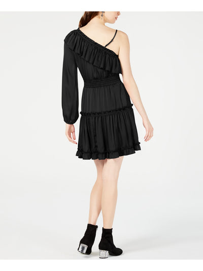 BAR III Womens Ruffled Long Sleeve Asymmetrical Neckline Above The Knee Party Fit + Flare Dress