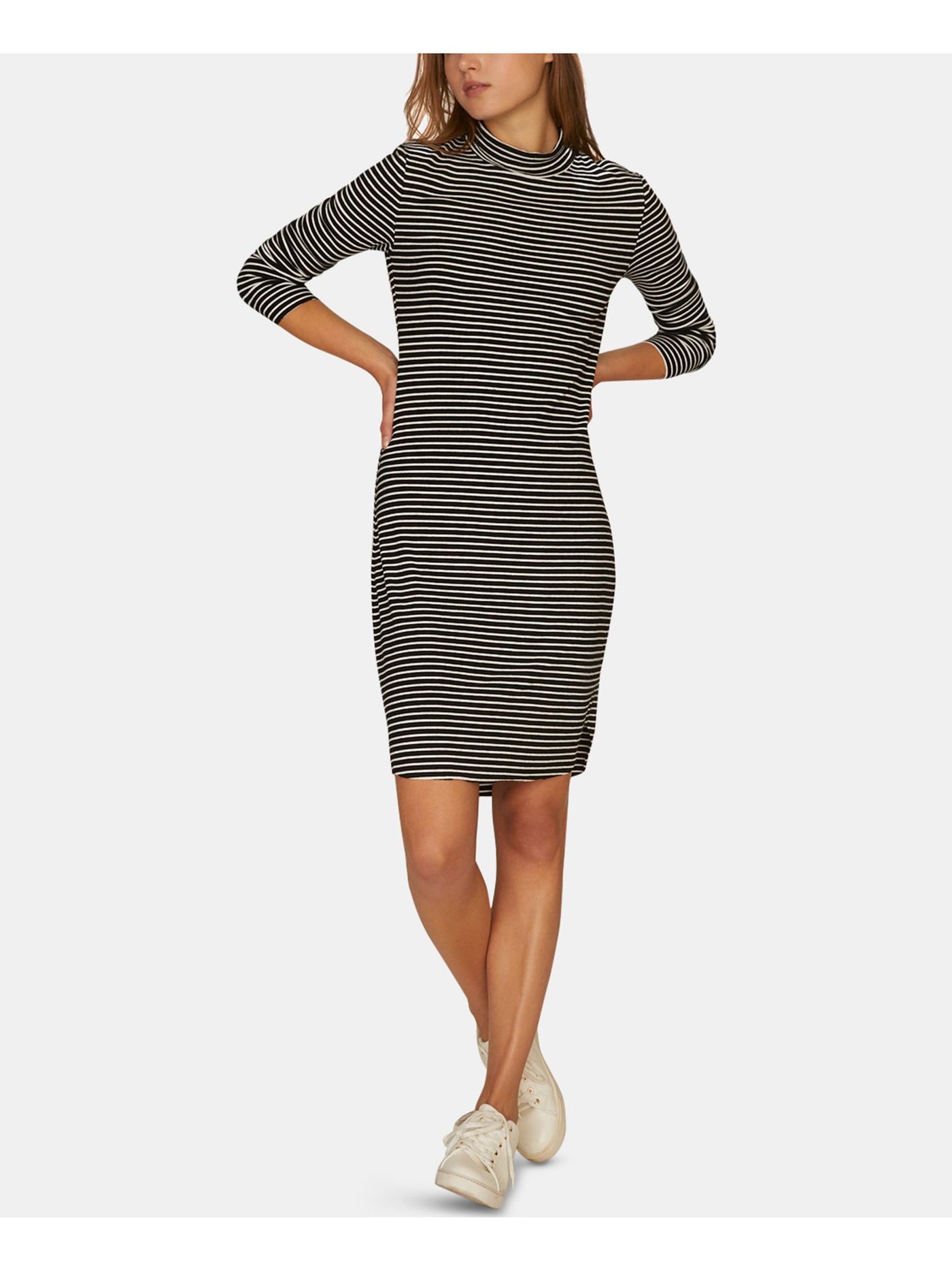SANCTUARY Womens Stretch Ribbed Curved Hem Long Sleeve Mock Neck Above The Knee Body Con Dress