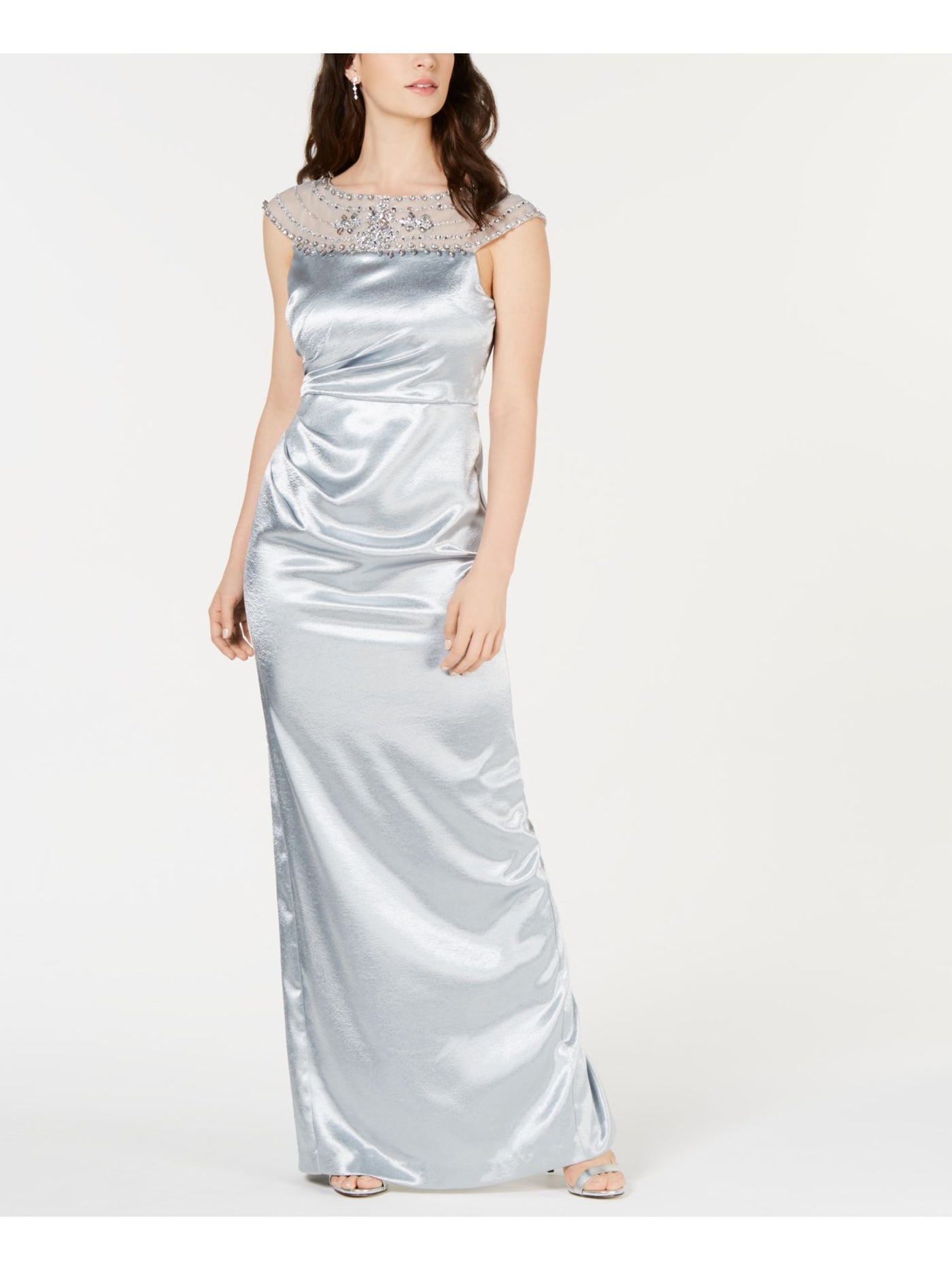 ADRIANNA PAPELL Womens Light Blue Embellished Ruched Satin Sleeveless Illusion Neckline Full-Length Formal Dress 8