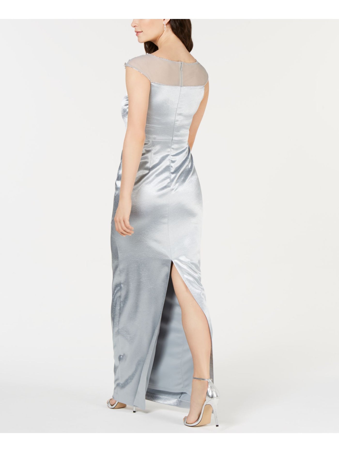 ADRIANNA PAPELL Womens Light Blue Embellished Ruched Satin Sleeveless Illusion Neckline Full-Length Formal Dress 4