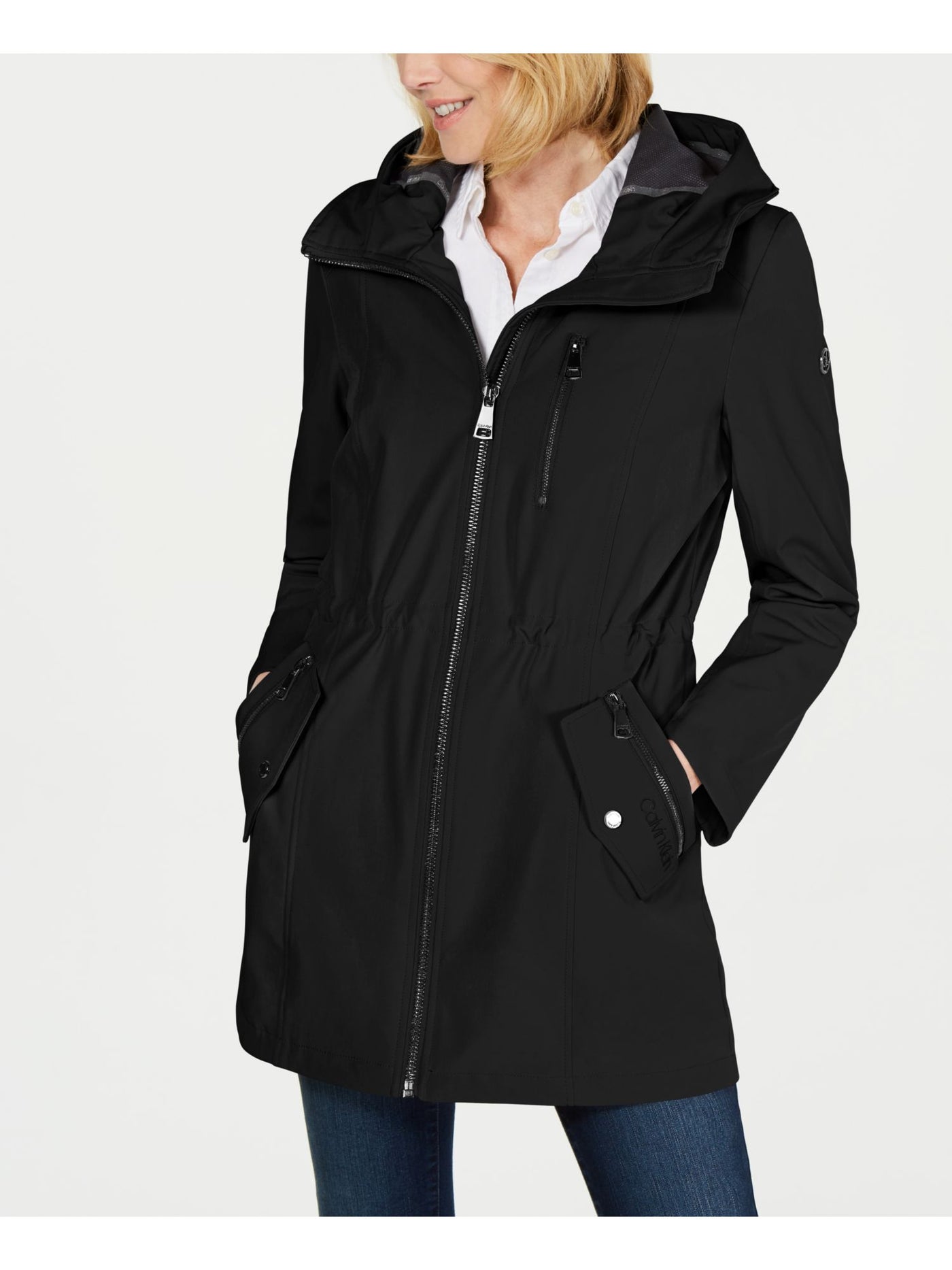 CALVIN KLEIN Womens Black Pocketed Zippered Hooded Lined Raincoat M